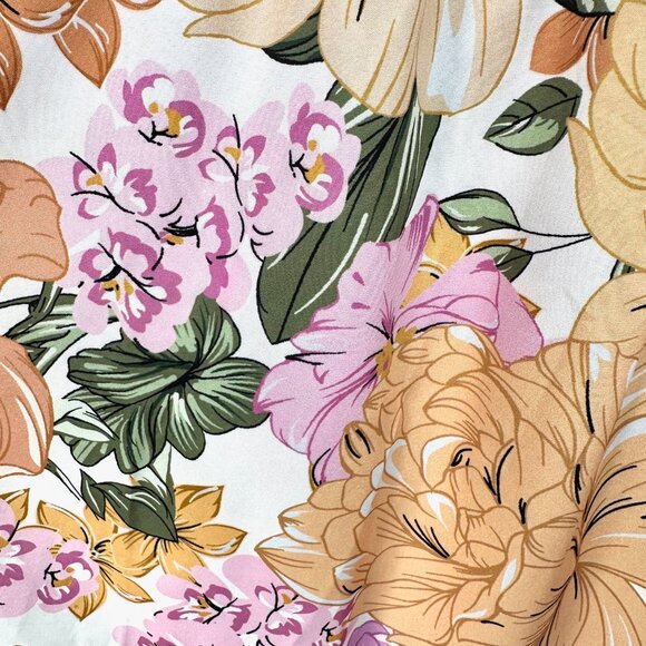 Square Neck Shirred Smocked Peach and Pink Floral Midi Dress 2XL - Picture 7 of 7